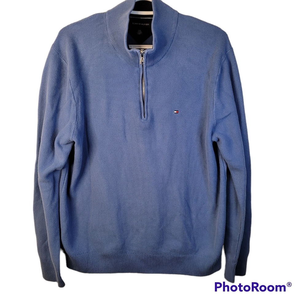 Tommy Hilfiger‎ Mens Large Quarter Zip Sweater Light Blue Honeycomb Knit